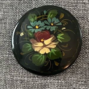 Palekh Russian Signed Folk Art Lacquer Pin Brooch Still Life Flower Hand Painted